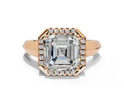 Halo Engagement Ring Setting for Asscher Cut Center with Knife Ridge Cathedral Band and Prong Head in Rose Gold