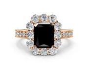Halo Engagement Ring Setting for Fancy Black Radiant Cut Center with Milgrain Channel Band and Prong Head in Rose Gold