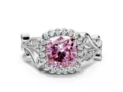 Halo Engagement Ring Setting for Fancy Pink Cushion Cut Center with Leaf Motif Split Shank and Prong Head in Platinum
