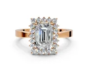 Starburst Halo Engagement Ring Setting for Emerald Cut Center with Flat Cathedral Band and Prong Head in Rose Gold