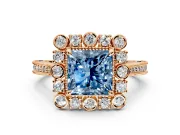 Milgrain Halo Engagement Ring Setting for Fancy Blue Princess Cut Center with Bezel Point Accents and Prong Head in Rose Gold