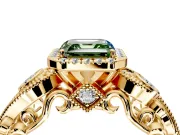 Milgrain Halo Engagement Ring Setting for Fancy Green Asscher Cut Center with Shoulder Bezels and Prong Head in Yellow Gold