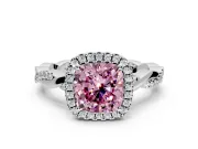 Halo Engagement Ring Setting for Fancy Pink Cushion Cut Center with Pave and Plain Twist Band and Prong Head in White Gold