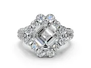 Large Accent Halo Engagement Ring Setting for Asscher Cut Center with Pave Split Shank and Prong Head in Platinum