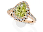 Halo Engagement Ring Setting for Fancy Yellow Pear-Shaped Center with Narrowing Pave Band and Prong Head in Rose Gold