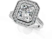 Halo Engagement Ring Setting for Radiant Cut Center with Milgrain Frame, Pave Band and Prong Head in White Gold