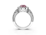 Milgrain Halo Engagement Ring Setting for Fancy Pink Round Cut Center with Pave Band and Prong Head in Platinum