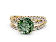 Solitaire Engagement Ring Setting for Fancy Green Round Cut Center with Woven 3-Strand Pave Band and Prong Head in Yellow Gold