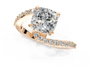 Solitaire Engagement Ring Setting for Cushion Cut Center with Pave Bypass Swirl Band and Prong Head in Rose Gold