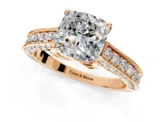 Solitaire Engagement Ring Setting for Cushion Cut Center with Milgrain-Framed Pave Band and Prong Head in Rose Gold