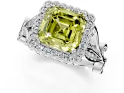 Halo Engagement Ring Setting for Fancy Yellow Asscher Cut Center with Leaf Motif Split Shank and Prong Head in Platinum