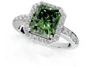 Halo Engagement Ring Setting for Fancy Green Radiant Cut Center with Heart-Shaped Openwork, Pave Band and Prong Head in White Gold