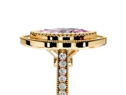 Halo Engagement Ring Setting for Fancy Pink Marquise Center with Milgrain Frame, Pave Band and Prong Head in Yellow Gold