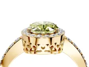 Halo Engagement Ring Setting for Fancy Yellow Oval Center with Heart-Shaped Openwork, Pave Band and Prong Head in Yellow Gold