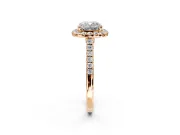 Halo Engagement Ring Setting for Cushion Cut Center with Narrowing Pave Band and Prong Head in Rose Gold