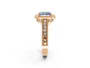 Milgrain Halo Engagement Ring Setting for Fancy Blue Radiant Cut Center with Pave Band and Prong Head in Rose Gold