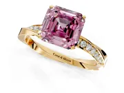Side Accent Engagement Ring Setting for Fancy Pink Asscher Cut Center with Accent Shoulders and Prong Head in Yellow Gold