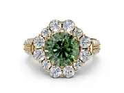 Large Accent Halo Engagement Ring Setting for Fancy Green Round Cut Center with Pave Split Shank and Prong Head in Yellow Gold