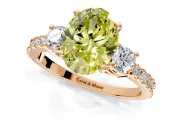 3 Stone Engagement Ring Setting for Fancy Yellow Oval Center with Round Cut Side Accents and Prong Head in Rose Gold