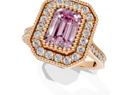 Halo Engagement Ring Setting for Fancy Pink Emerald Cut Center with Milgrain Frame, Pave Band and Prong Head in Rose Gold