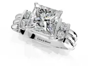 Solitaire Engagement Ring Setting for Princess Cut Center with Grooved Bar Accent Band and Prong Head in Platinum