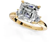 3 Stone Engagement Ring Setting for Asscher Cut Center with Wide Plain Band and Prong Head in Yellow Gold