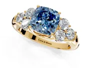 Cluster Engagement Ring Setting for Fancy Blue Cushion Cut Center with Round Cut Accent Frame and Prong Head in Yellow Gold