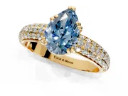 Solitaire Engagement Ring Setting for Fancy Blue Pear-Shaped Center with Multi-Row Pave Accents and Basket Head in Yellow Gold