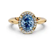 Halo Engagement Ring Setting for Fancy Blue Oval Center with Tapered Plain Band and Prong Head in Yellow Gold