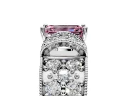Pave Engagement Ring Setting for Fancy Pink Emerald Cut Center with Curved Accent Rows, Openwork and Prong Head in Platinum