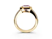 Milgrain Halo Engagement Ring Setting for Fancy Pink Asscher Cut Center with Three-Sided Pave Band and Prong Head in Yellow Gold