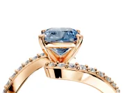 Solitaire Engagement Ring Setting for Fancy Blue Cushion Cut Center with Pave Bypass Swirl Band and Prong Head in Rose Gold
