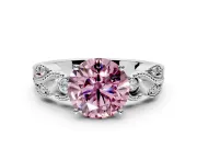 Leaf Engagement Ring Setting for Fancy Pink Round Cut Center with Milgrain Accent Band and Prong Head in White Gold