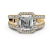 Halo Engagement Ring Setting for Asscher Cut Center with Wide-Open Pave Split Shank and Prong Head in Yellow Gold