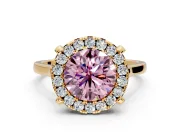 Single Halo Engagement Ring Setting for Fancy Pink Round Cut Center with Corner Claws, Plain Band and Prong Head in Yellow Gold