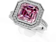 Halo Engagement Ring Setting for Fancy Pink Asscher Cut Center with Milgrain Pave Band and Bezel Head in White Gold