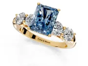 5 Stone Engagement Ring Setting for Fancy Blue Radiant Cut Center with Graduated Accents and Prong Head in Yellow Gold