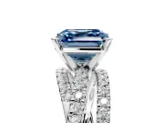 Solitaire Engagement Ring Setting for Fancy Blue Asscher Cut Center with Woven 3-Strand Pave Band and Prong Head in White Gold