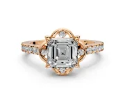 Floral Engagement Ring Setting for Asscher Cut Center with Pave Band and Floral Prong Head in Rose Gold