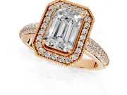 Milgrain Halo Engagement Ring Setting for Emerald Cut Center with Three-Sided Pave Band and Prong Head in Rose Gold