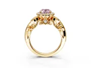 Milgrain Halo Engagement Ring Setting for Fancy Pink Oval Center with Shoulder Bezels and Prong Head in Yellow Gold