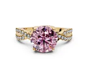 Solitaire Engagement Ring Setting for Fancy Pink Round Cut Center with Narrow Twist Pave Band and Prong Head in Yellow Gold