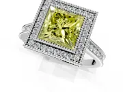 Halo Engagement Ring Setting for Fancy Yellow Princess Cut Center with Milgrain Pave Band and Bezel Head in Sterling Silver