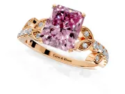 Leaf Motif Engagement Ring Setting for Fancy Pink Radiant Cut Center with Pave Band and Prong Head in Rose Gold