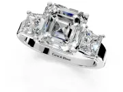 3 Stone Engagement Ring Setting for Asscher Cut Center with Matching Side Accents and Prong Head in White Gold
