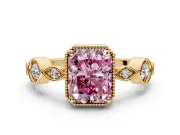 Vintage Station Engagement Ring Setting for Fancy Pink Radiant Cut Center with Accents and Prong Head in Yellow Gold