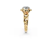 Halo Engagement Ring Setting for Round Cut Center with Open Scroll Shoulders and Prong Head in Yellow Gold