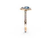Halo Engagement Ring Setting for Fancy Blue Heart-Shaped Center with Narrowing Pave Band and Prong Head in Rose Gold