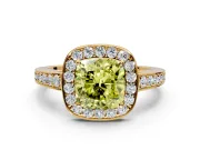 Bezel-Framed Halo Engagement Ring Setting for Fancy Yellow Cushion Cut Center with Pave Band and Prong Head in Yellow Gold