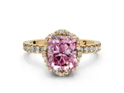 Halo Engagement Ring Setting for Fancy Pink Radiant Cut Center with Openwork Halo, Pave Band and Prong Head in Yellow Gold